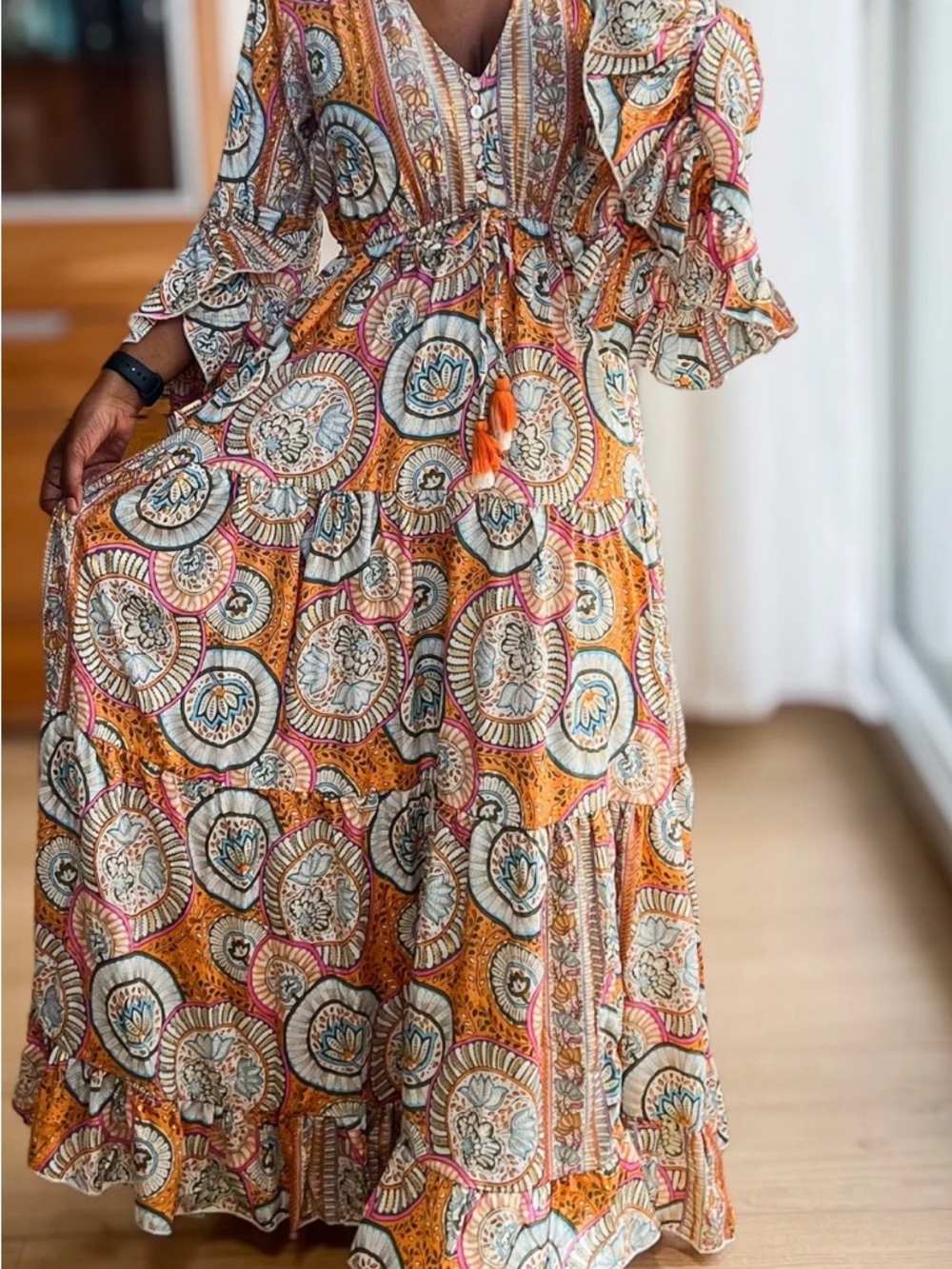 Boho Tiered Maxi Dress in Mustard Floral Medallion